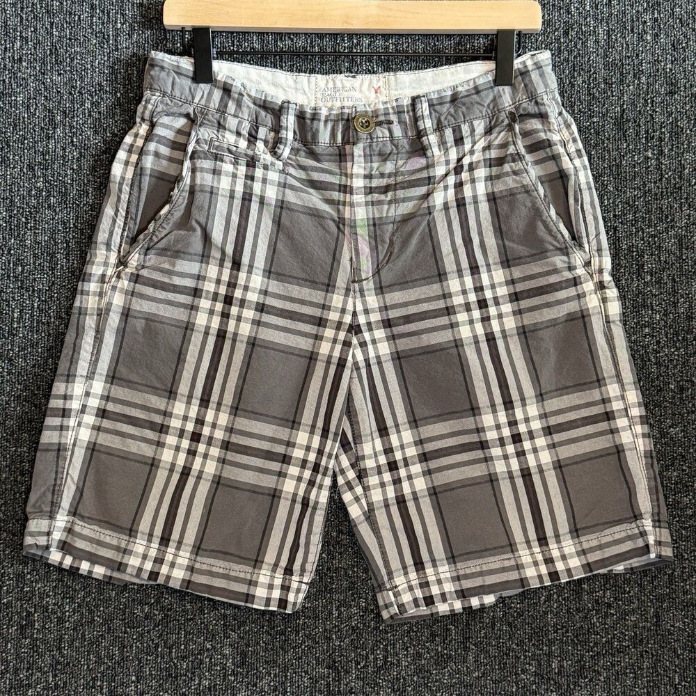 American Eagle Plaid Prep Fit Shorts Grey White Men's Sz 30 Indie Sleaze Y2K